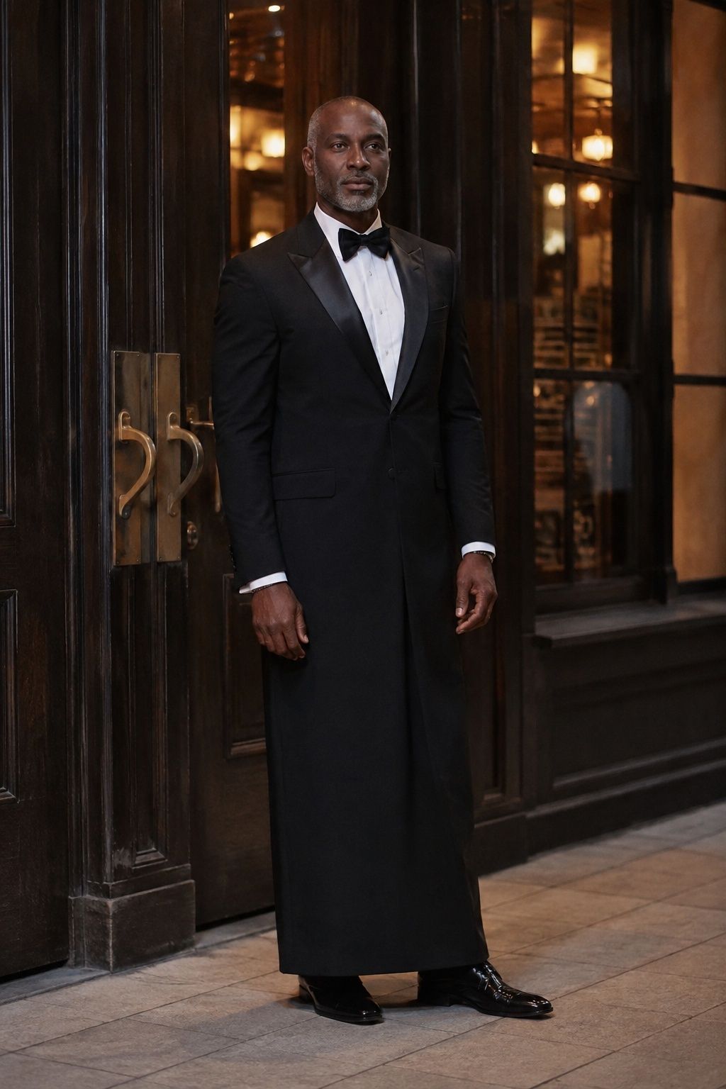 Man wearing a black tuxedo gown with satin lapels at an evening venue.
