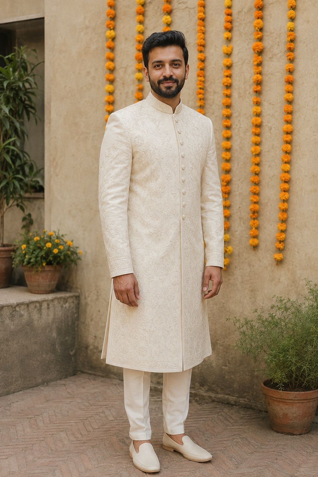 Man in an embroidered ivory sherwani-inspired coat and cream trousers.