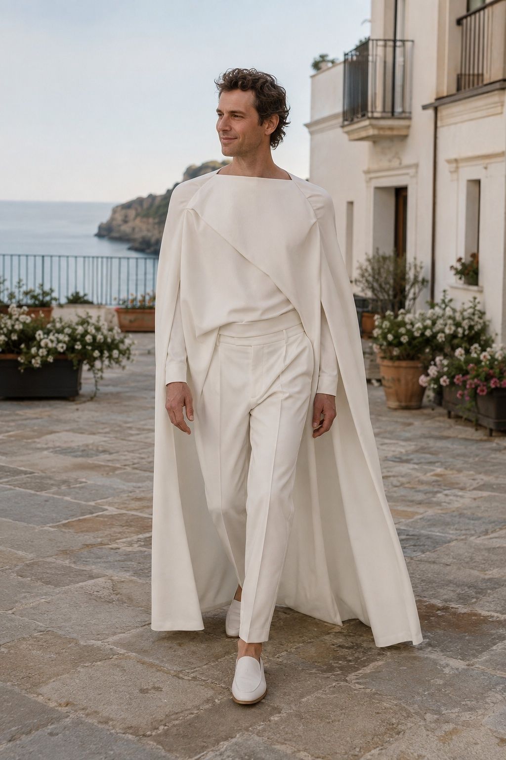 Man wearing a sweeping ivory cape over tailored pants on a coastal terrace.