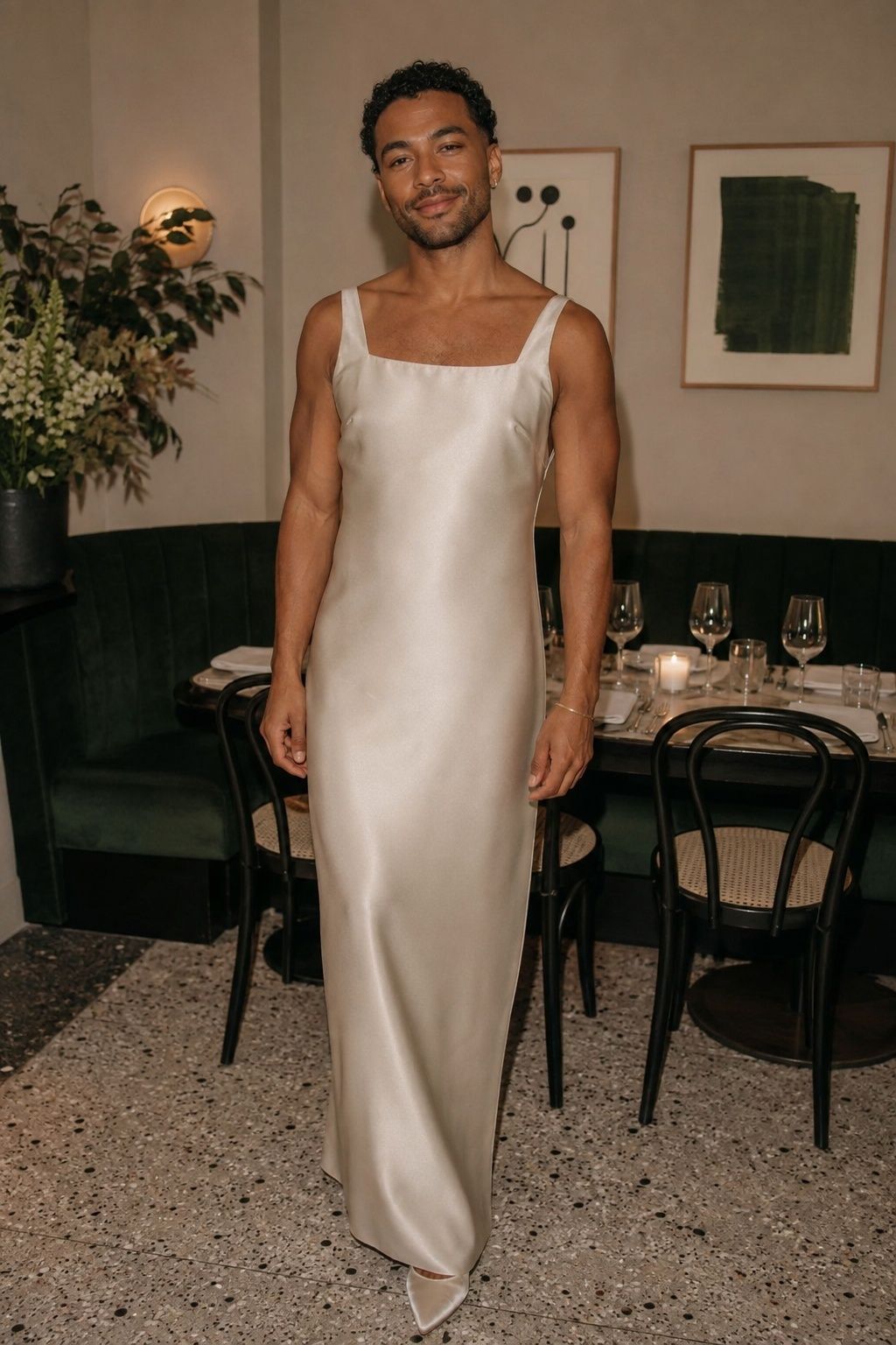 Man in a champagne satin column dress with minimal silver jewellery.