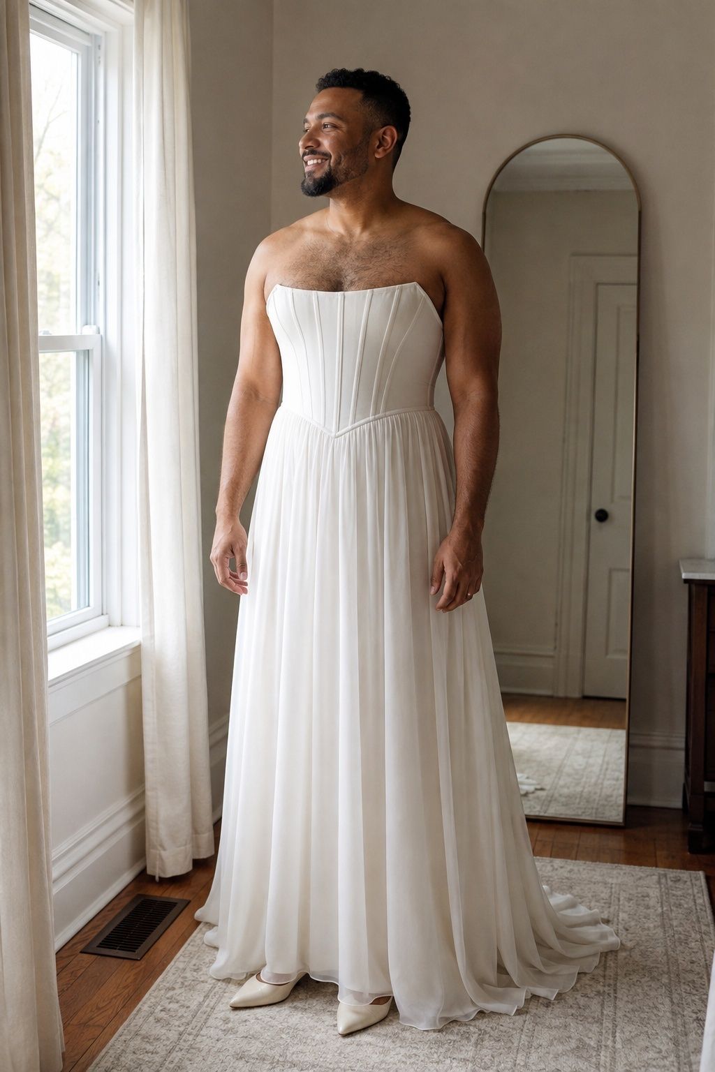 Man wearing an ivory corset-style top and flowing chiffon wedding skirt.
