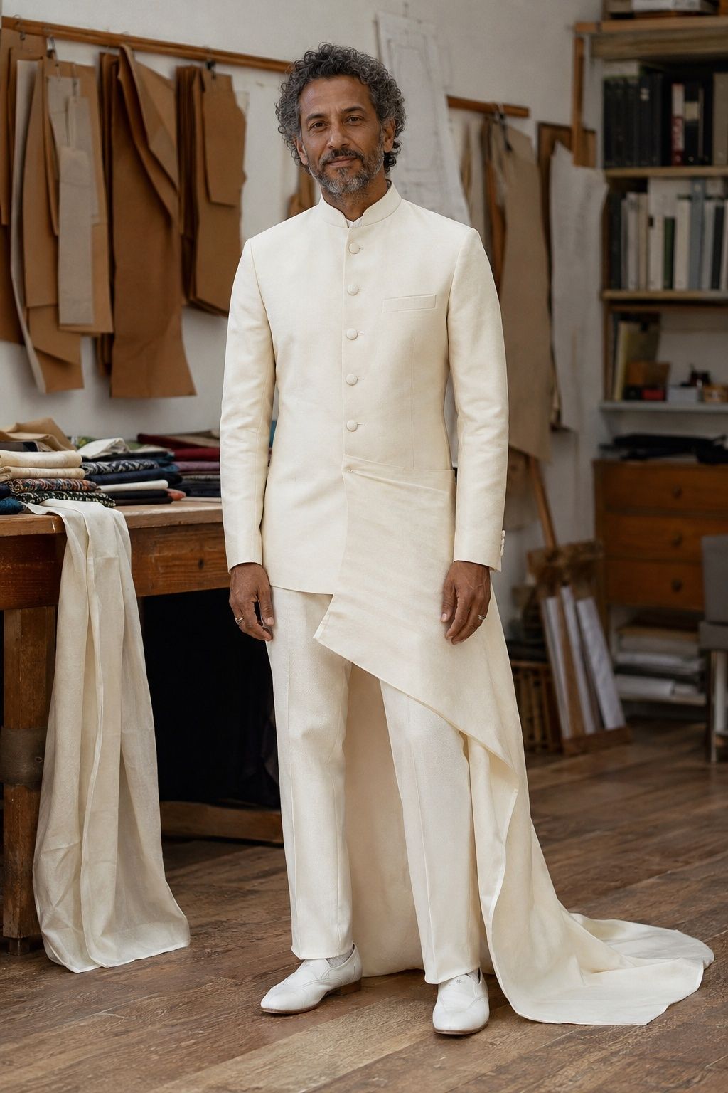 Man in a custom ivory jacket and asymmetric skirt panel over trousers at a tailor studio.