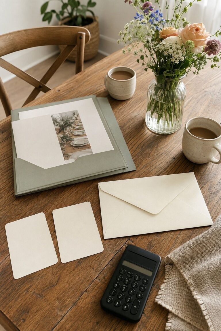 Family wedding contribution envelope beside a defined rehearsal dinner estimate and decision cards