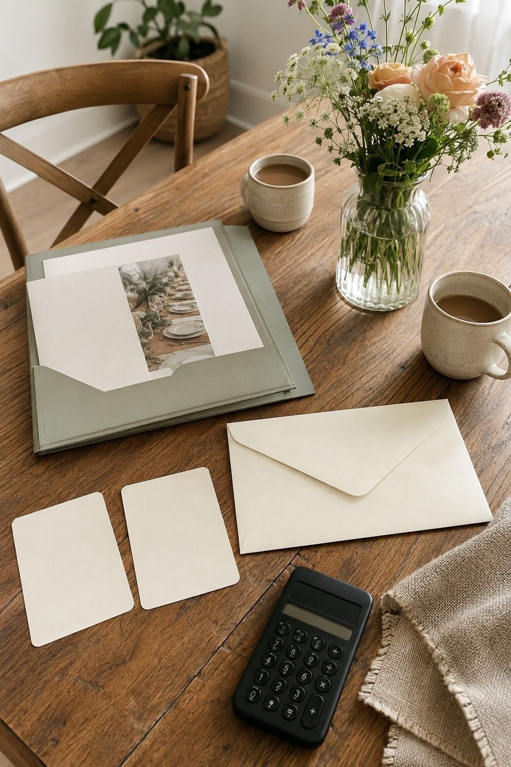 Family wedding contribution envelope beside a defined rehearsal dinner estimate and decision cards