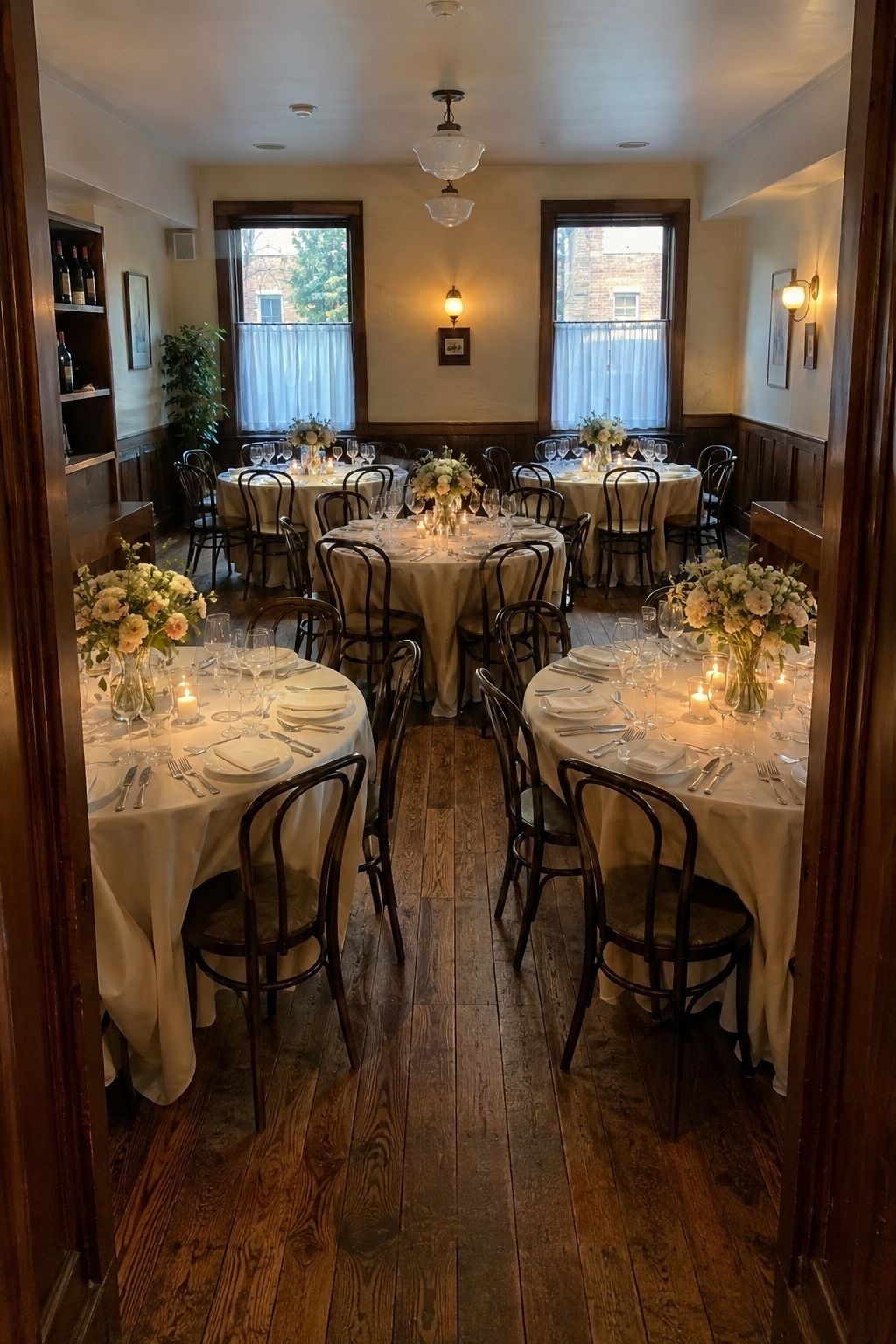 An extra reception table tightening the aisle in a small private dining room wedding layout