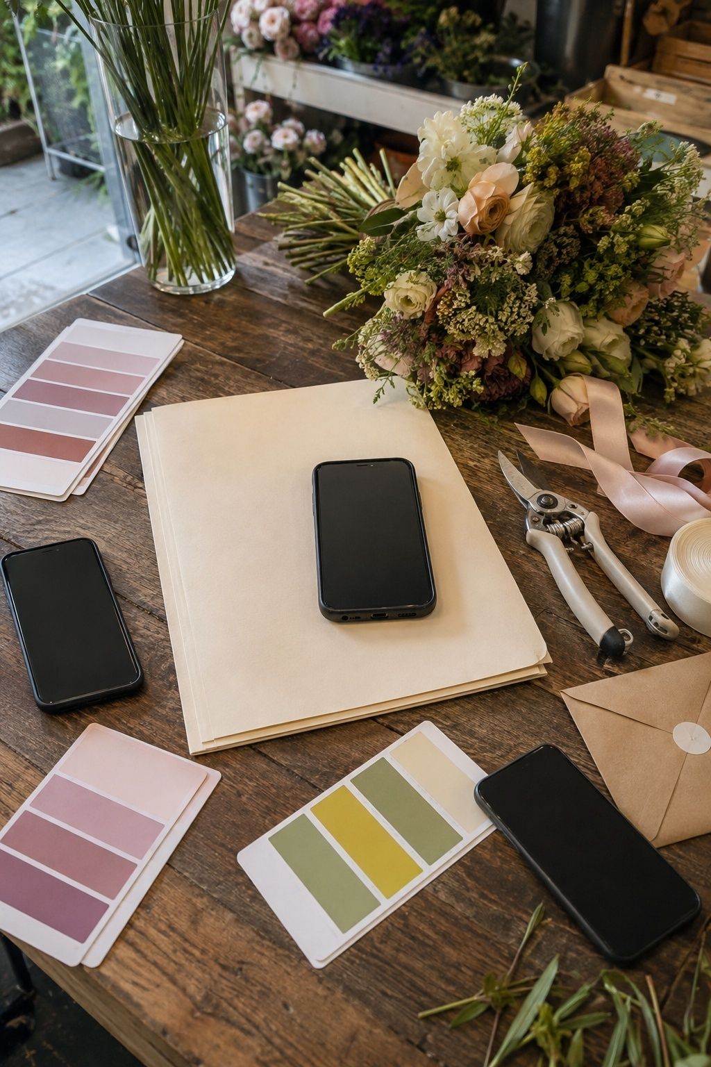 Multiple phones and conflicting color swatches surrounding one central wedding florist approval folder