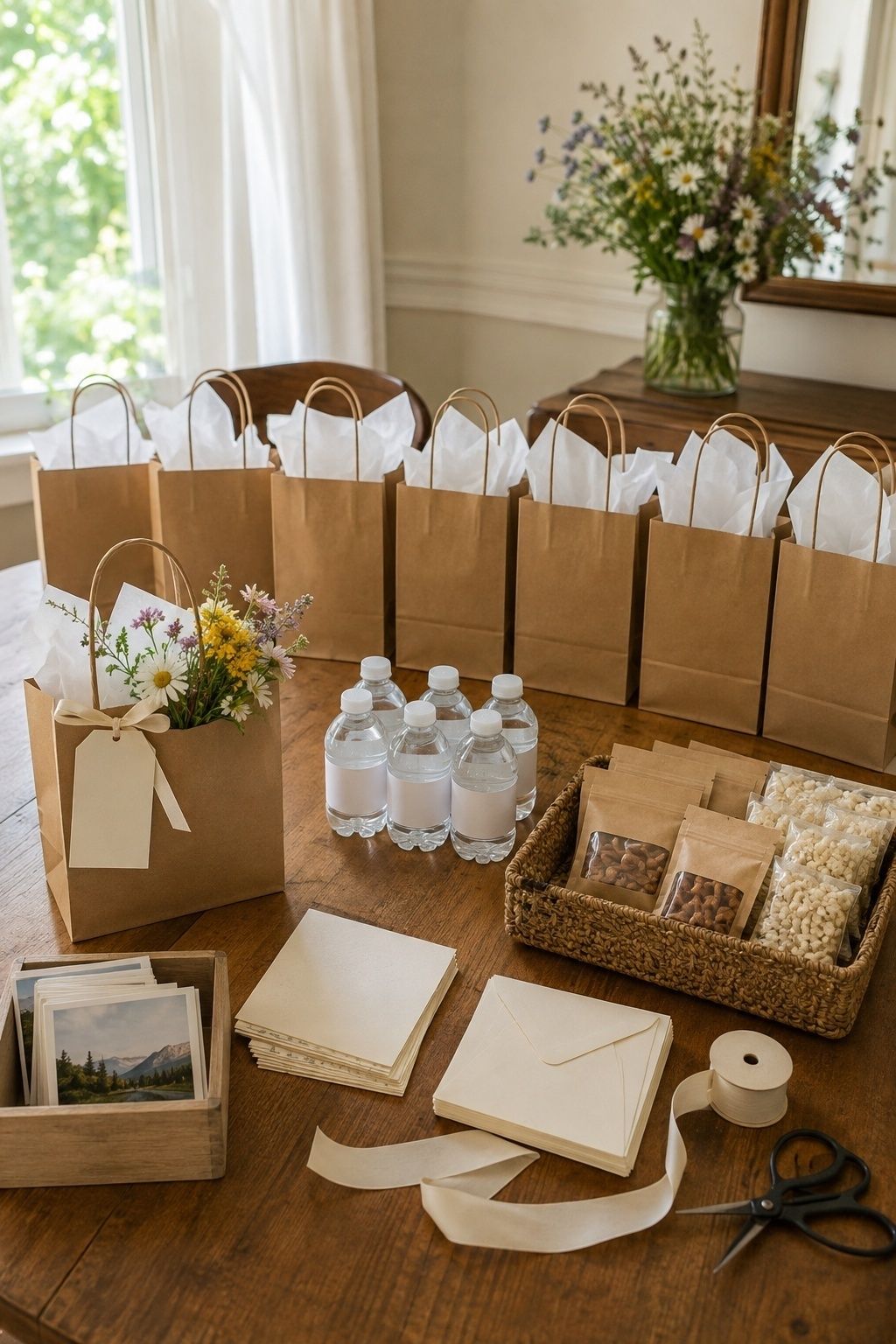 Organized small wedding welcome bag assembly stations offering family members a clear helpful role
