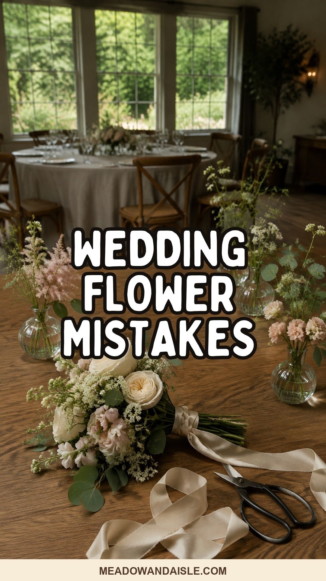 Wedding flower mistakes Pinterest pin with bouquet and low centerpieces