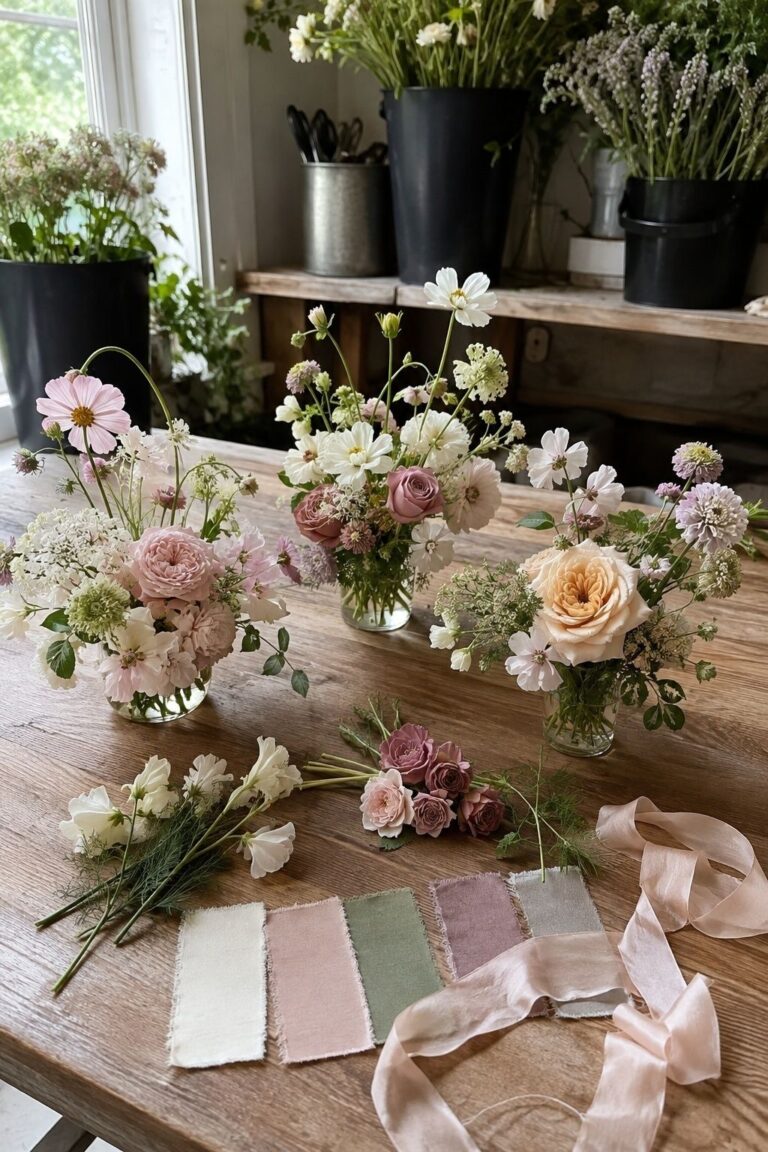 Seasonal blush cream and green flower groupings sharing one wedding floral mood