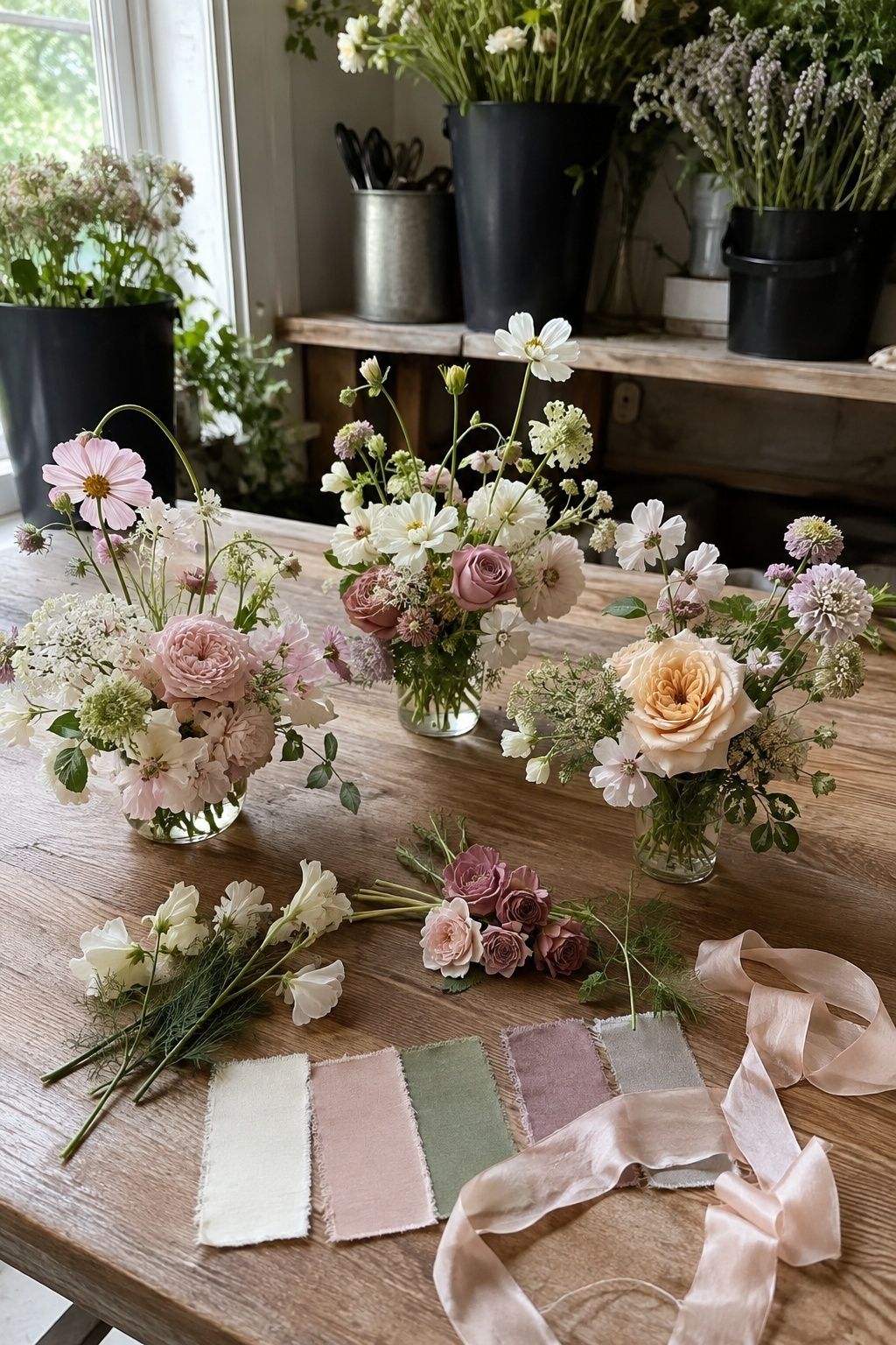 Seasonal blush cream and green flower groupings sharing one wedding floral mood