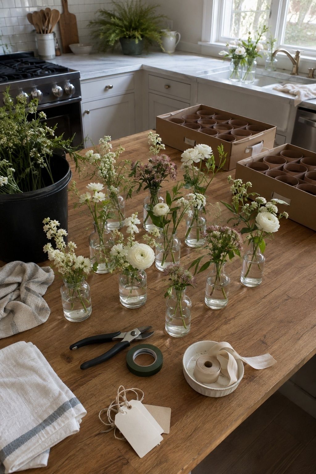 Twelve simple DIY wedding bud vases with tools and transport boxes