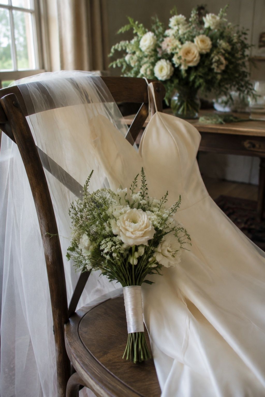 Small comfortable bridal bouquet with smooth ribbon handle beside wedding dress
