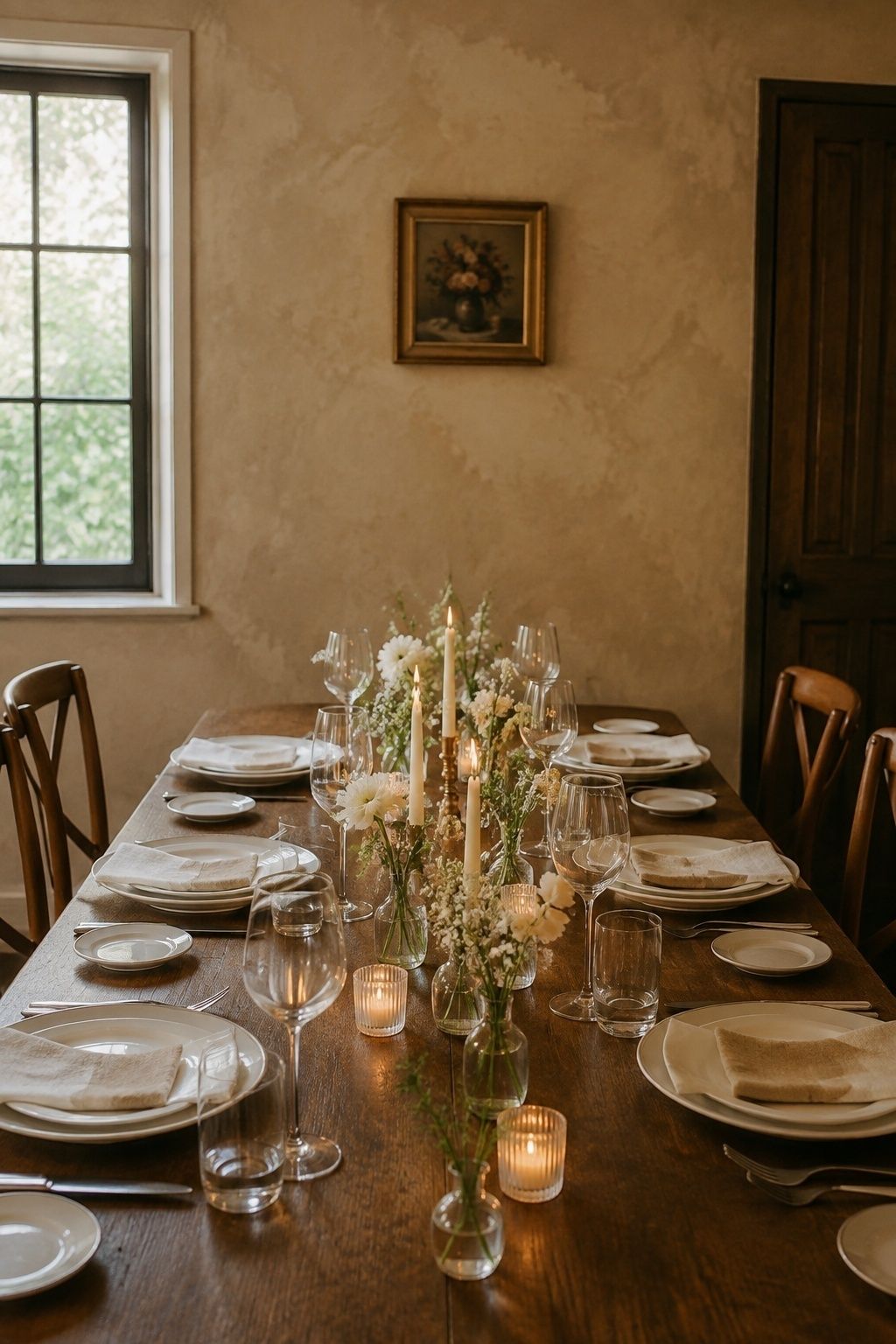 Low bud vase centerpieces preserving sightlines across a small wedding table