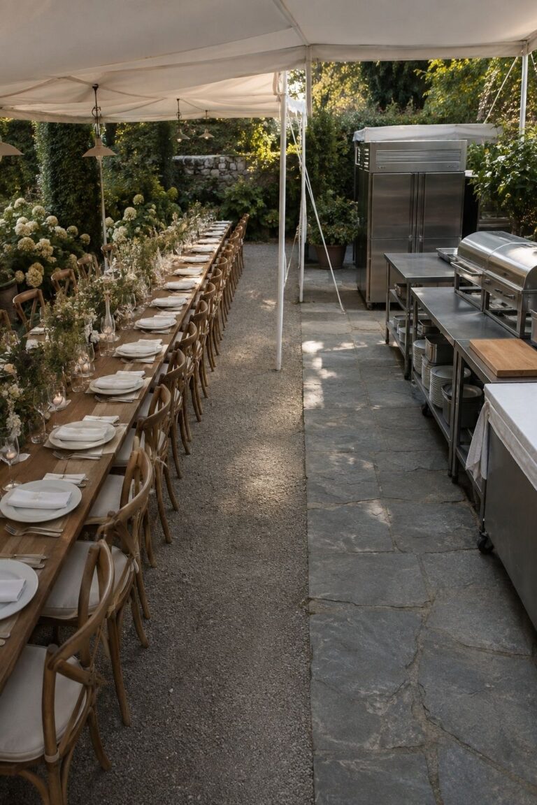 Intimate garden wedding dining table beside a professional catering prep zone and clear service path