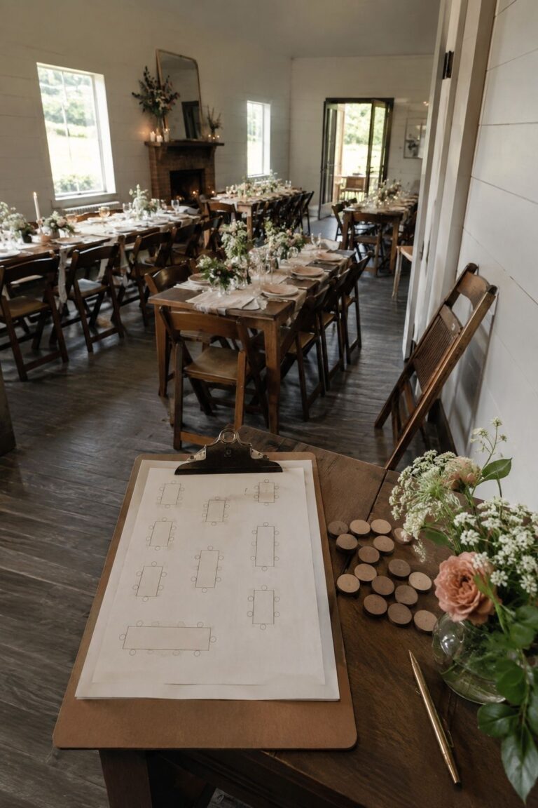Intimate wedding room with a finite seating plan and one spare chair outside the guest layout