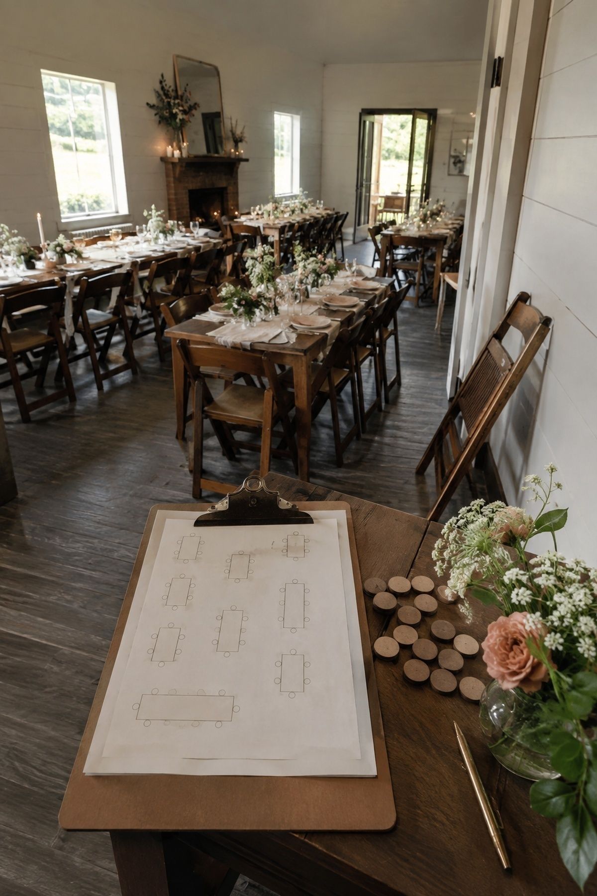 Intimate wedding room with a finite seating plan and one spare chair outside the guest layout