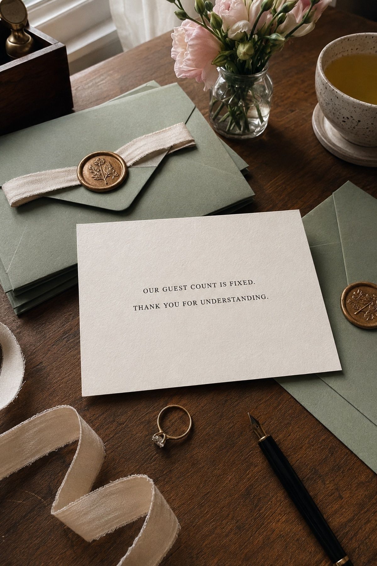Kind wedding guest-list refusal note reading our guest count is fixed and thank you for understanding