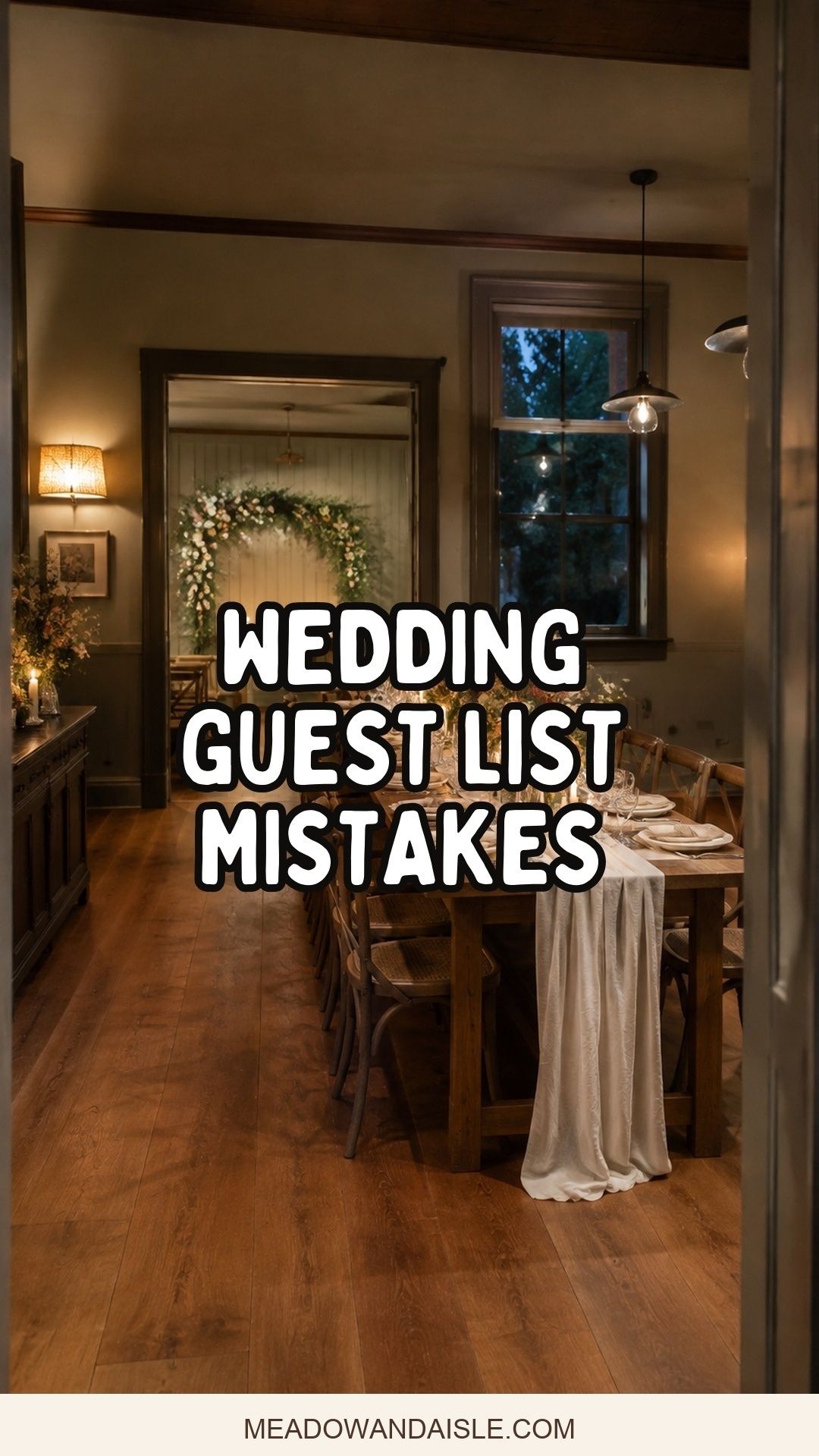 Wedding guest list mistakes Pinterest pin with intimate reception background
