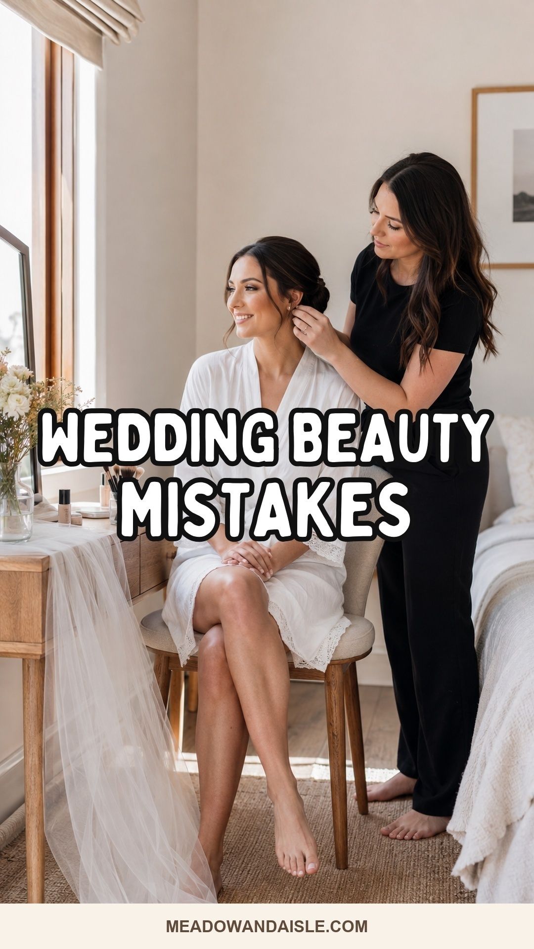 Wedding beauty mistakes Pinterest pin showing a bride and makeup artist in a calm getting-ready room