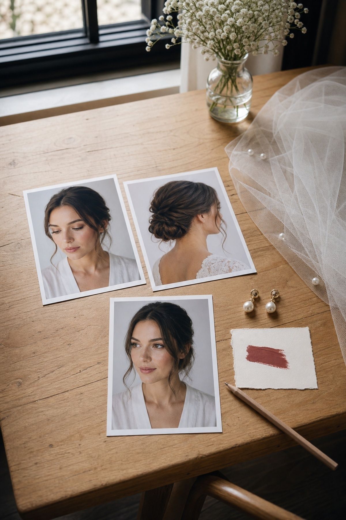 Three focused bridal hair and makeup inspiration photos arranged with a veil, earrings, and lip color swatch