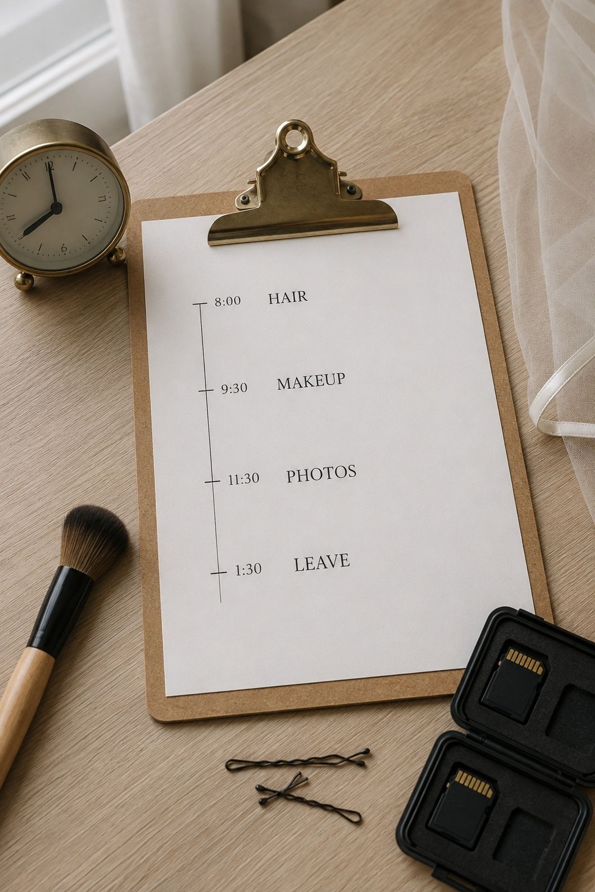 Wedding beauty timeline with hair, makeup, photos, and departure times beside hair pins and camera cards