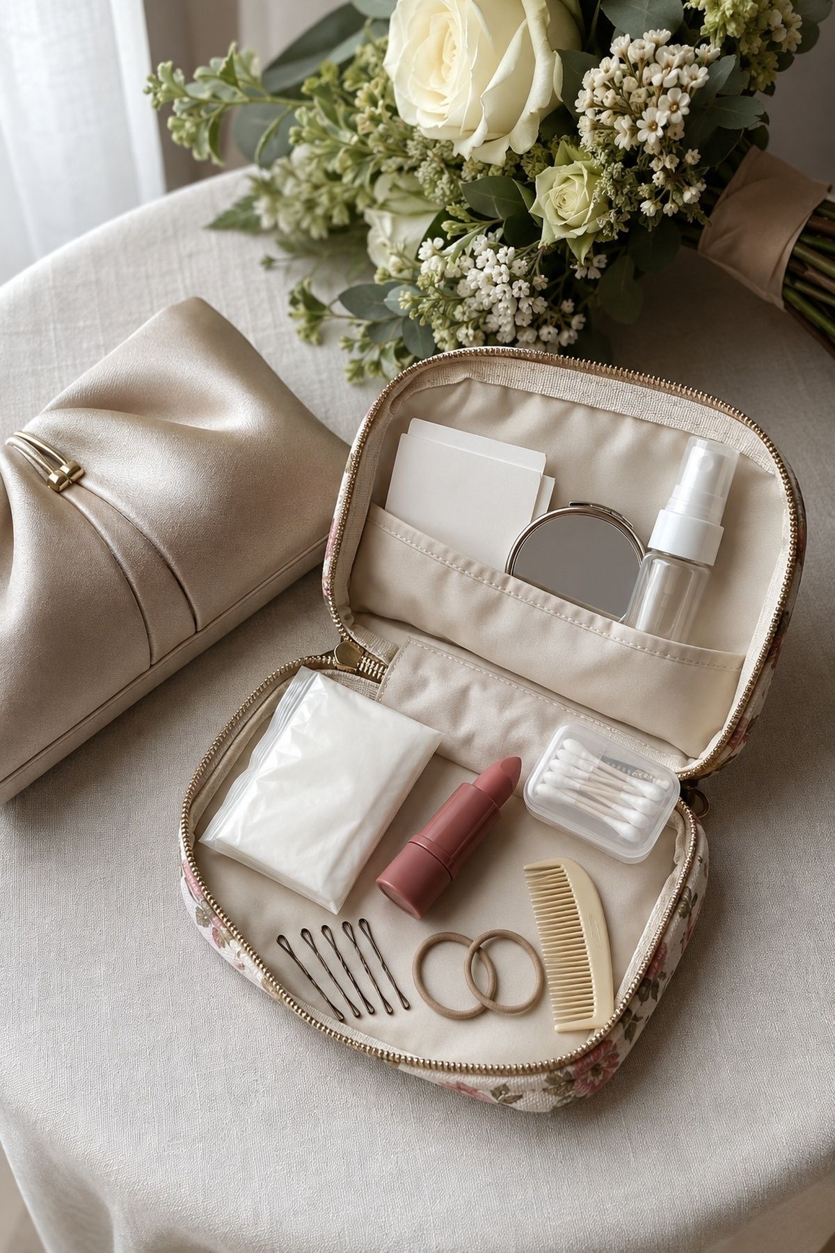Compact bridal touch-up kit with lip color, mirror, tissues, hair pins, comb, and face mist