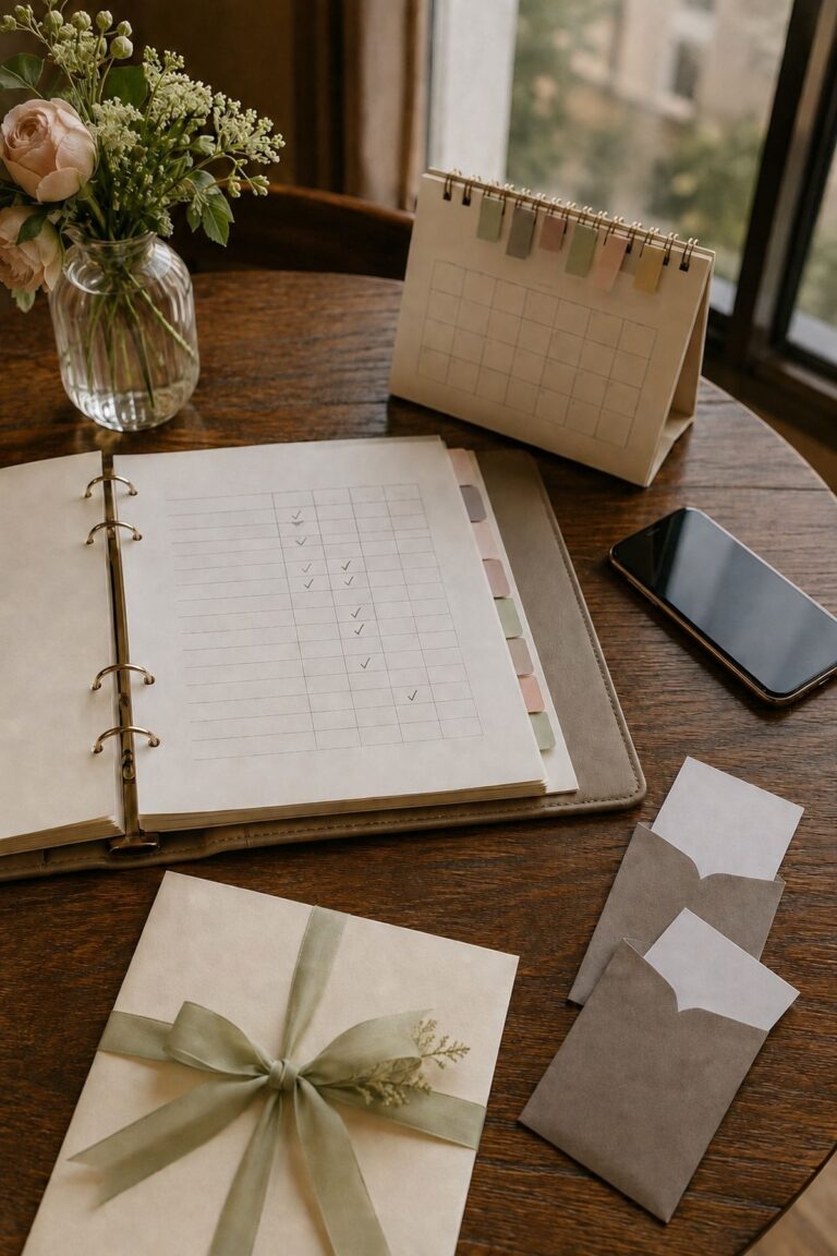 Wedding hotel room block tracker with reminder calendar and hotel key sleeves