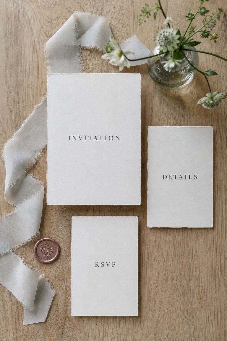 Wedding invitation suite organized into separate invitation, details, and RSVP cards