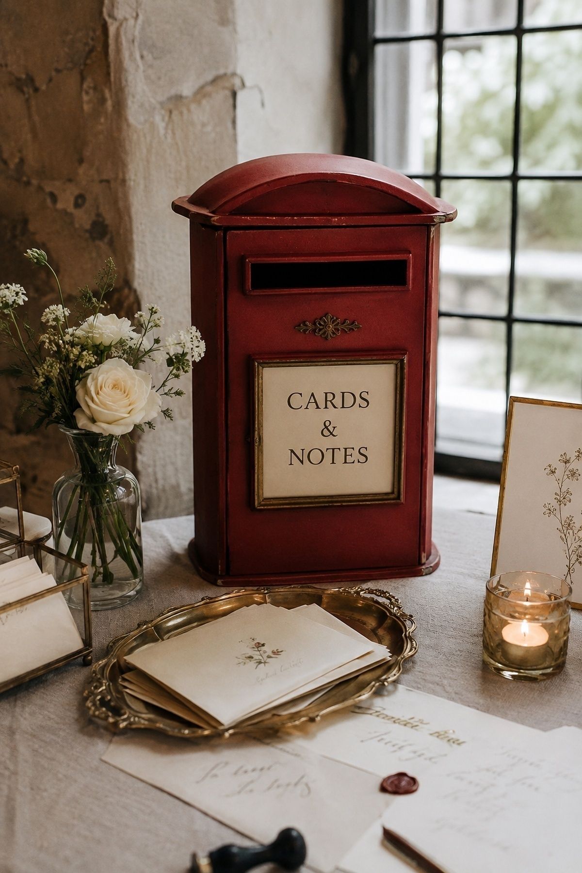 Vintage red postbox at a wedding