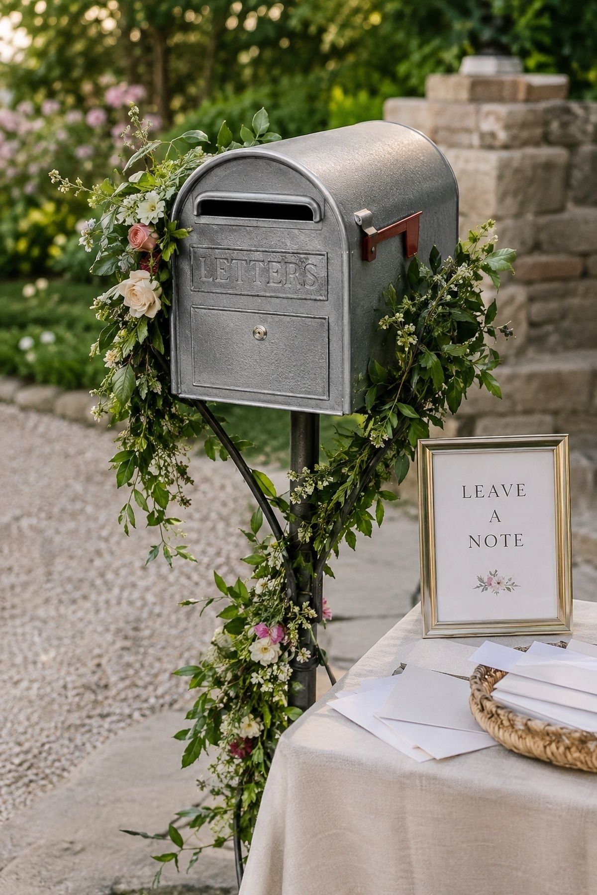 Mailbox decorated with a floral garland