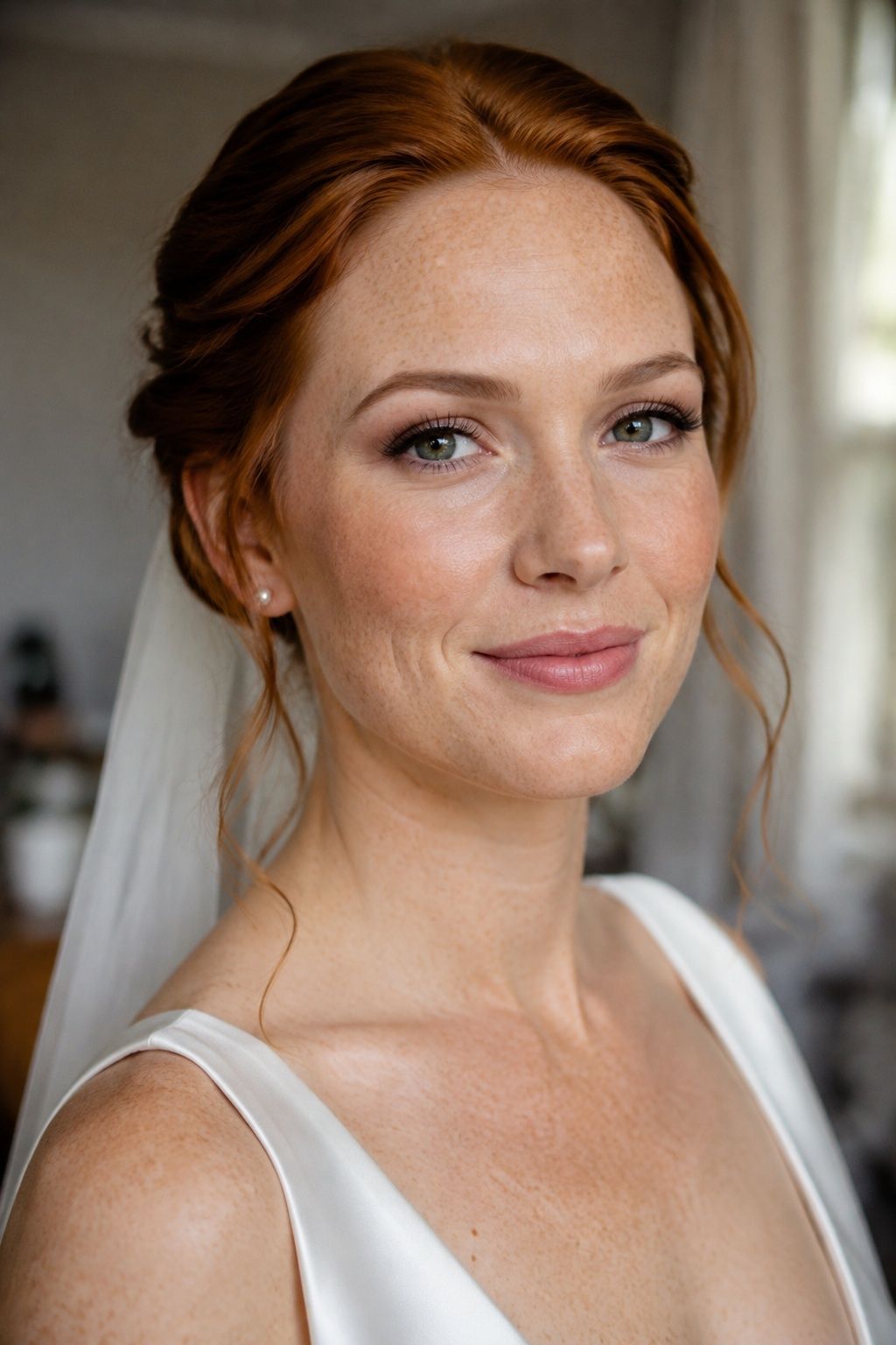 Freckled bride with softly defined eyes and a thin satin makeup base.