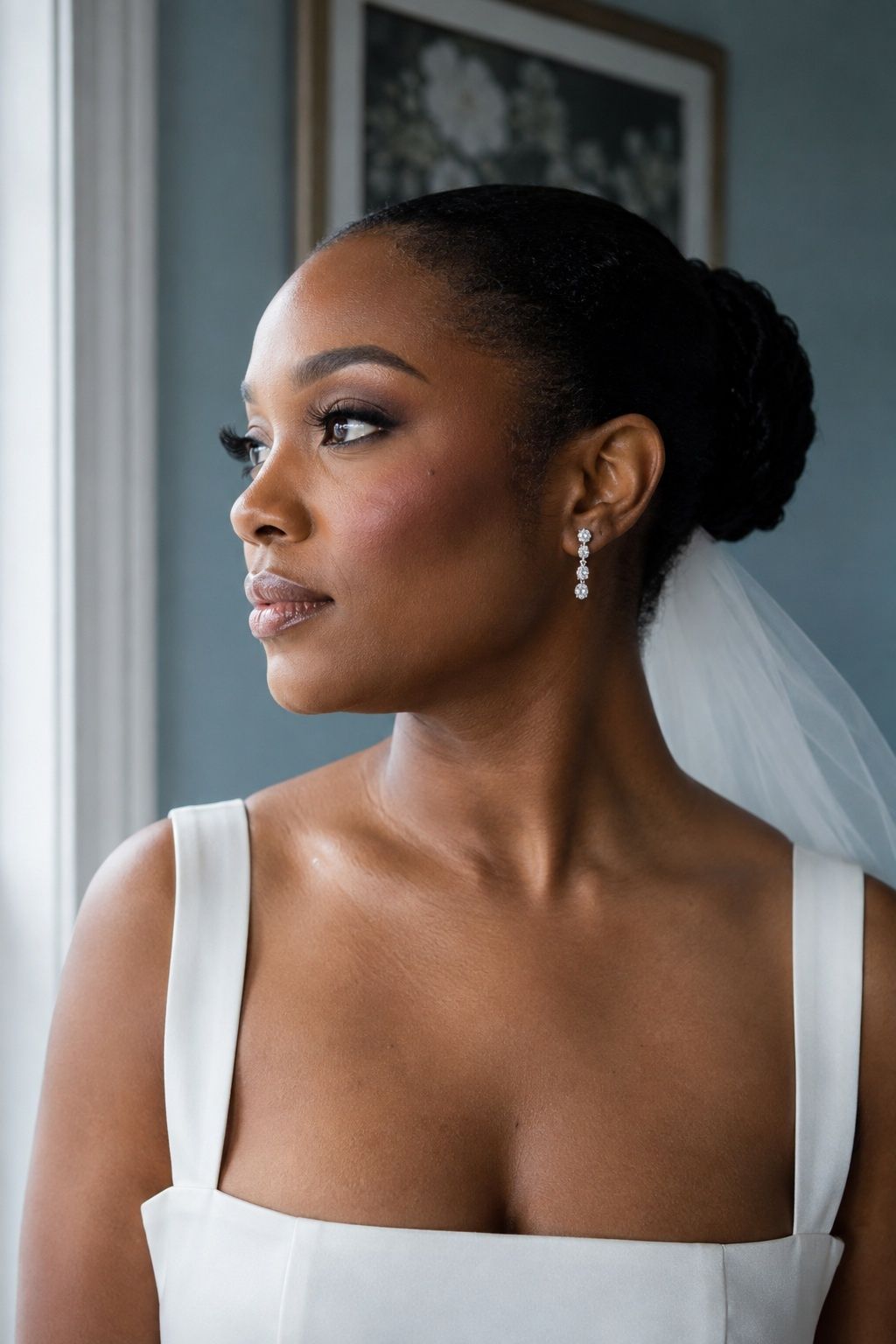 Bride with softly sculpted cheekbones and lifted rose blush.