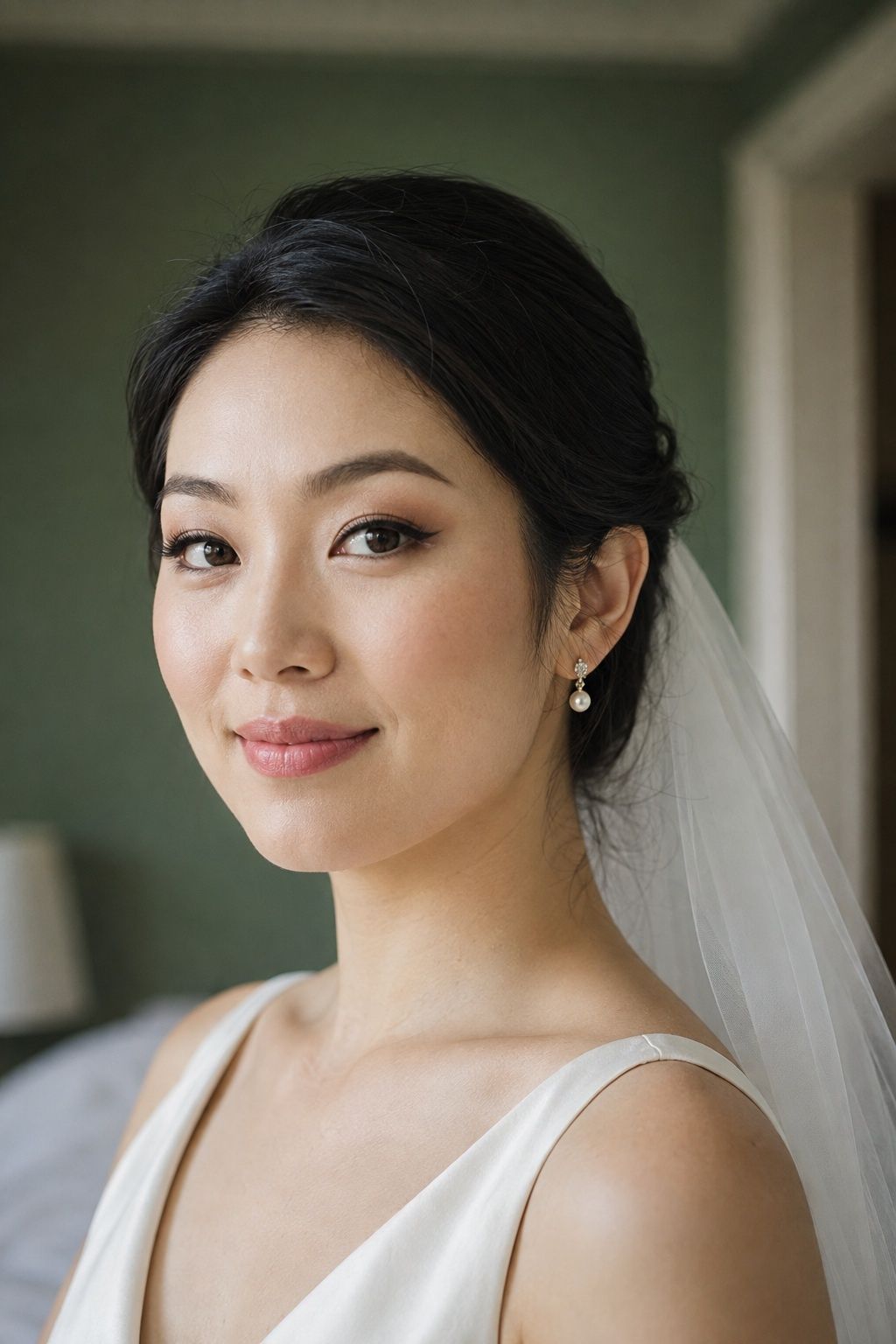 Bride wearing fine winged liner with soft neutral eye shadow.