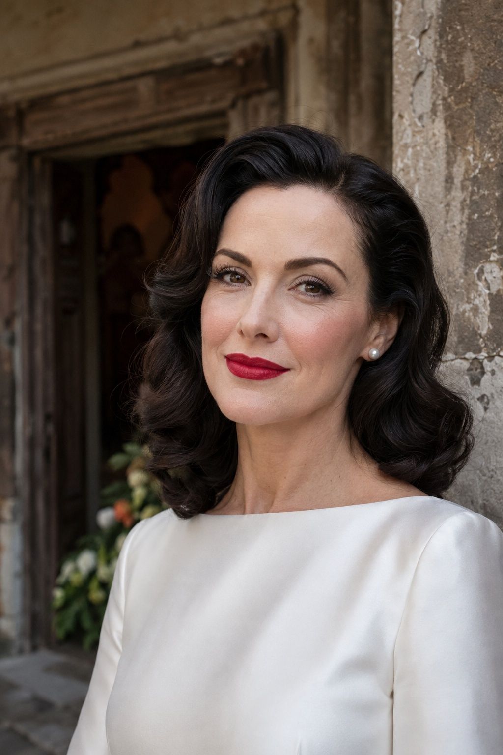 Bride with vintage waves, velvet skin and classic red lipstick.