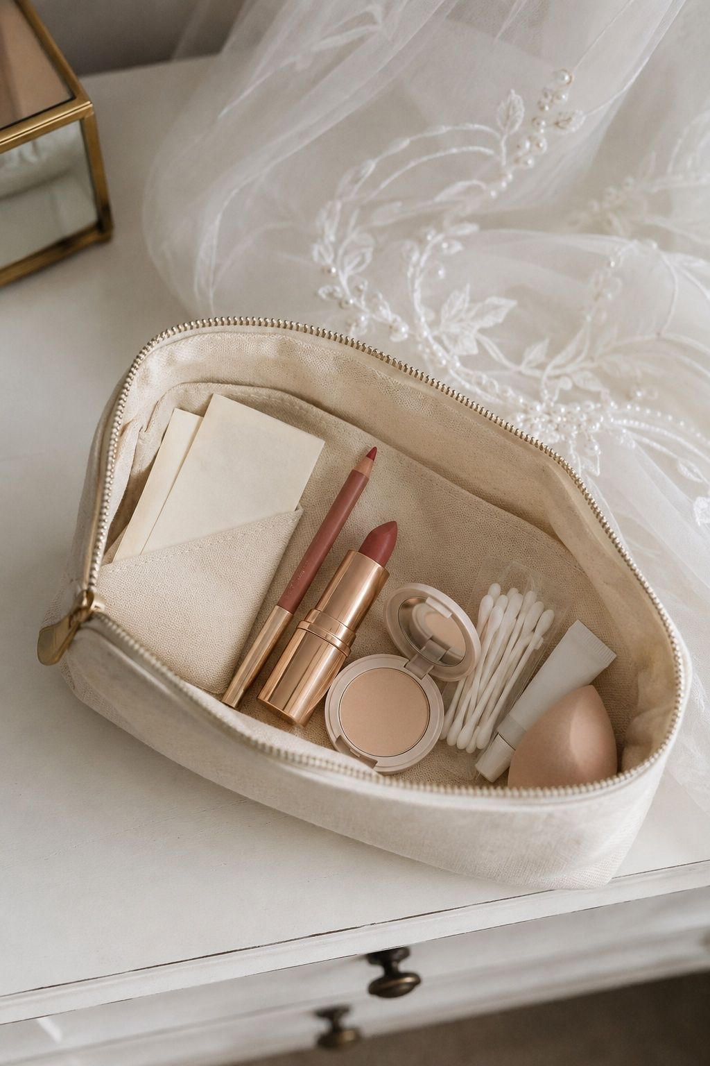Bridal touch-up pouch with blotting papers, lipstick, powder, swabs and a sponge.