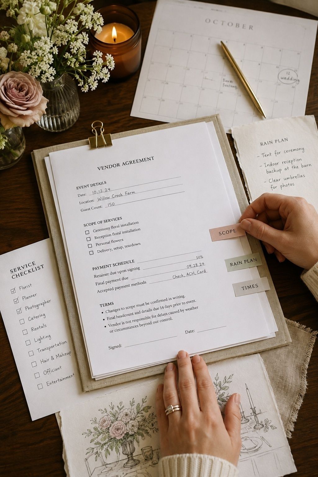 booking vendors without a clear date, scope, contract, and backup plan planning scene for an intimate Meadow & Aisle wedding