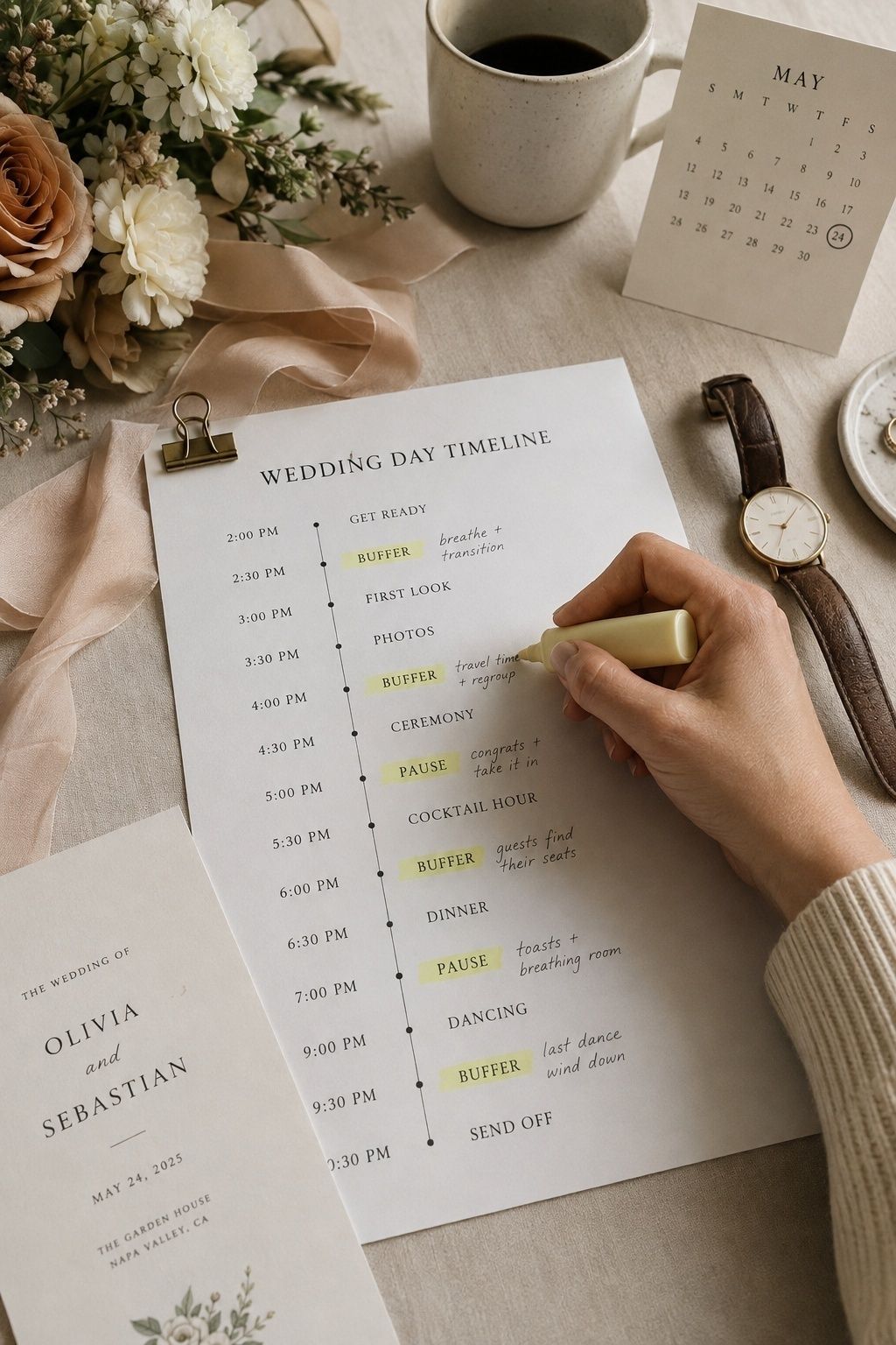 planning a timeline that looks pretty but does not breathe planning scene for an intimate Meadow & Aisle wedding