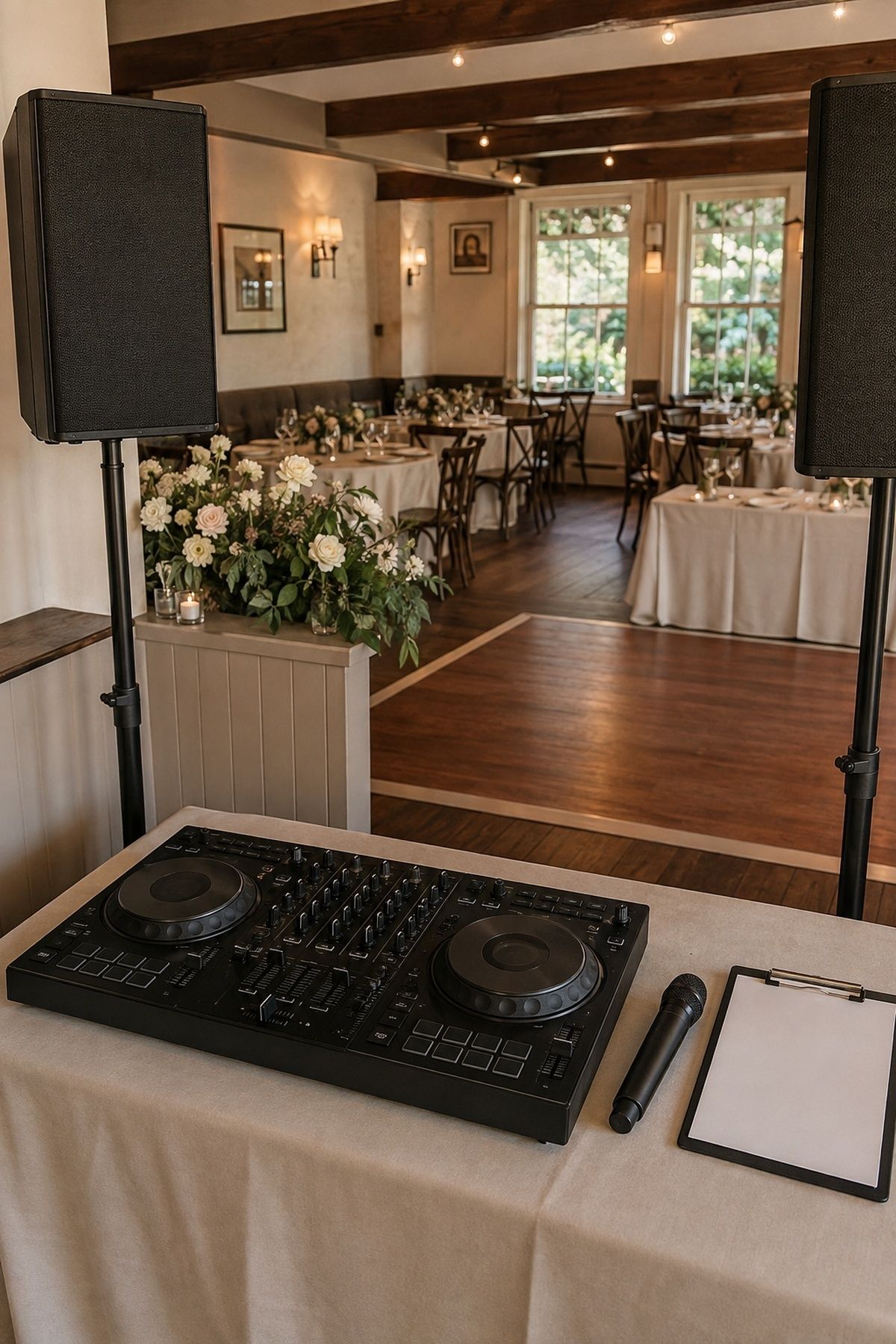 Professional wedding DJ station with speakers microphone and operations clipboard in an intimate reception