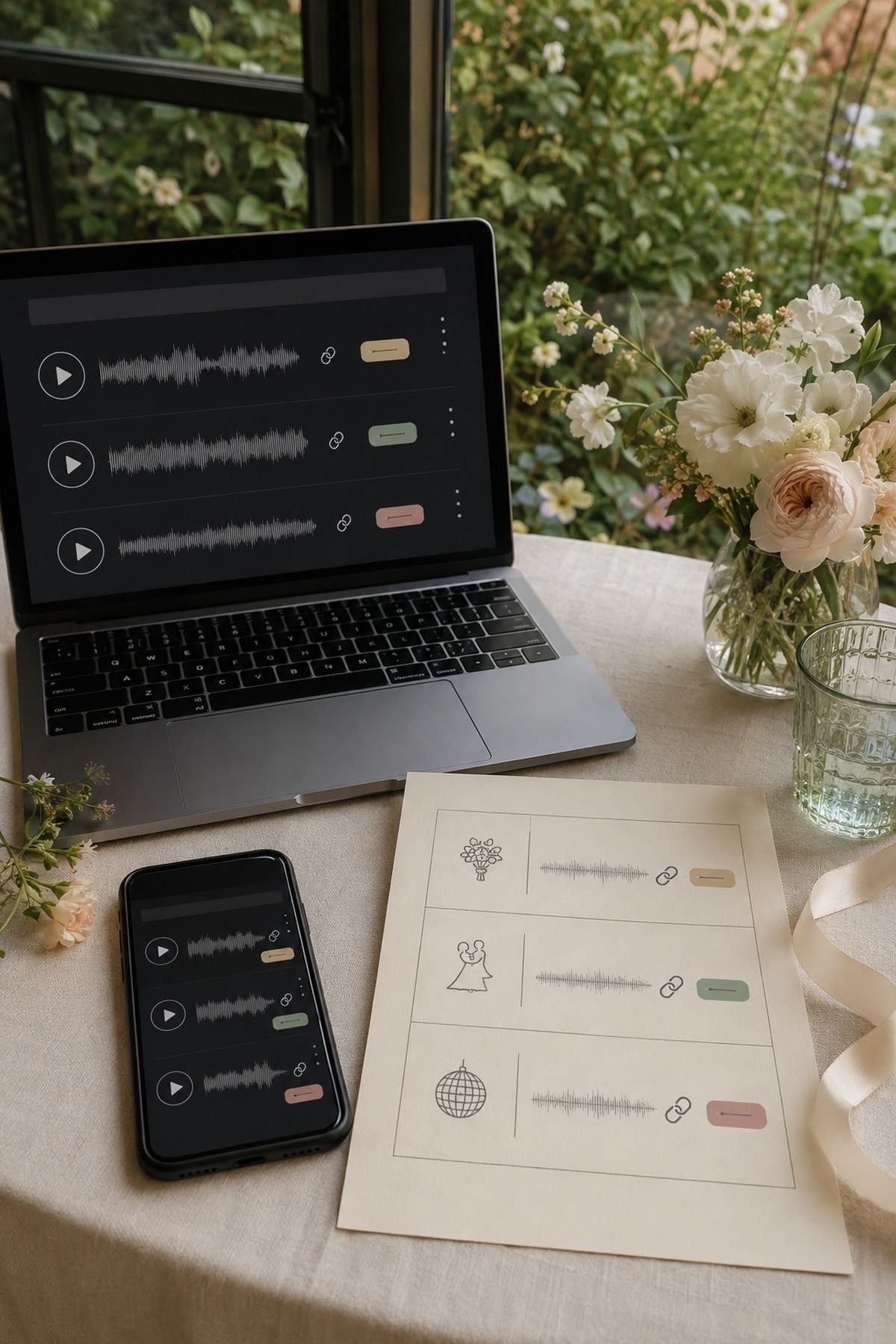 Wedding song cue sheet with exact audio links and version markers on laptop and phone