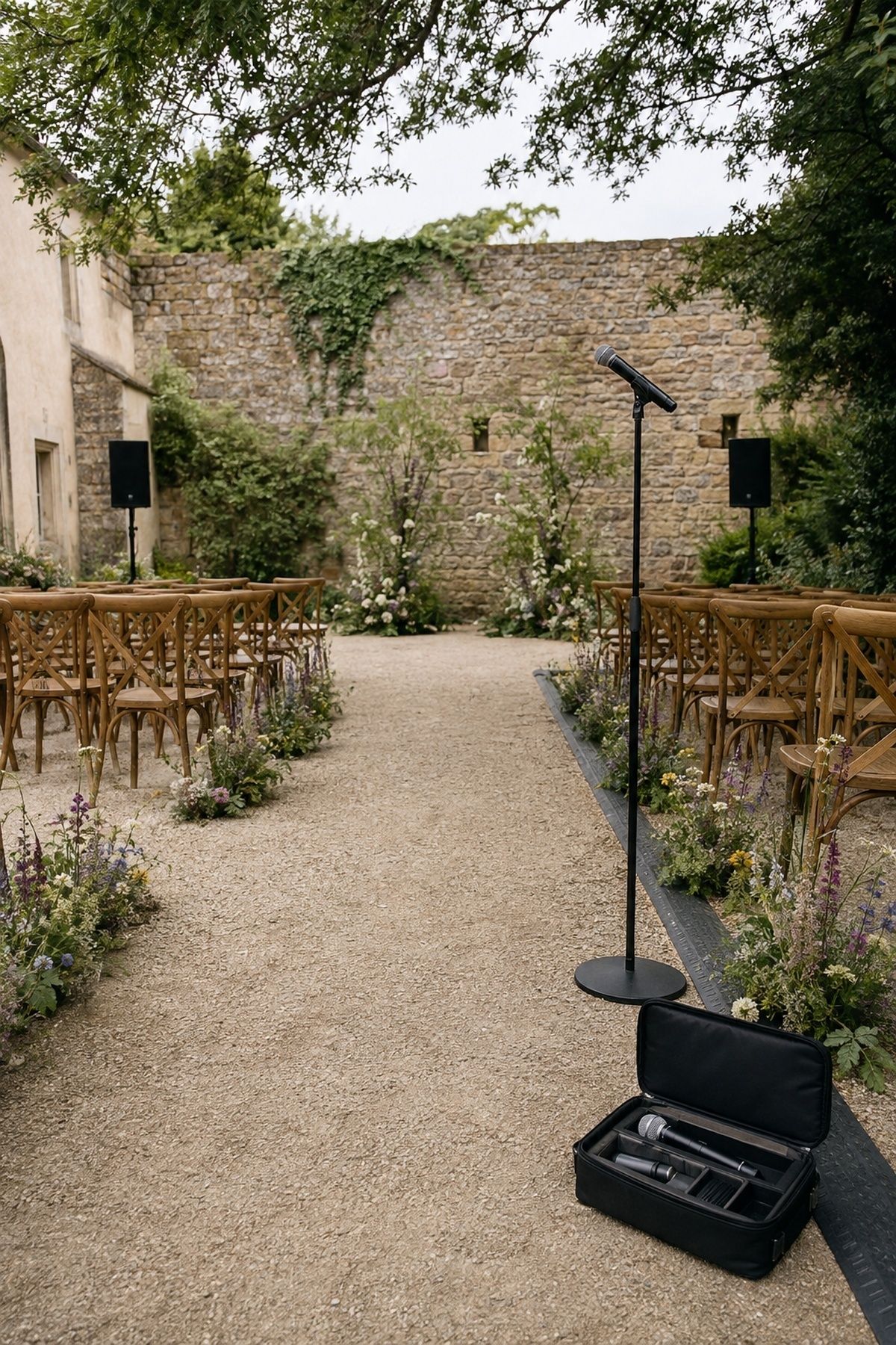 Garden wedding sound check with microphone speakers and open backup equipment case