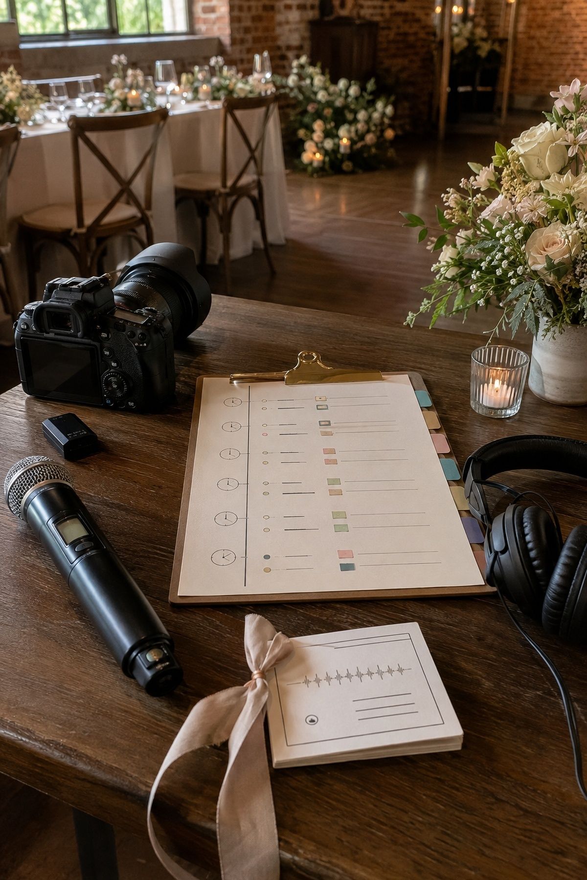 Wedding camera microphone headphones and color-tabbed music timeline on a vendor table