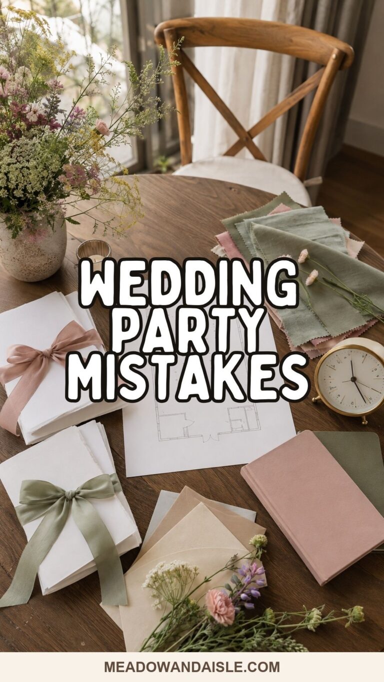 Wedding party mistakes Pinterest pin with planning table, floor plan, proposal cards, swatches, clock, and flowers
