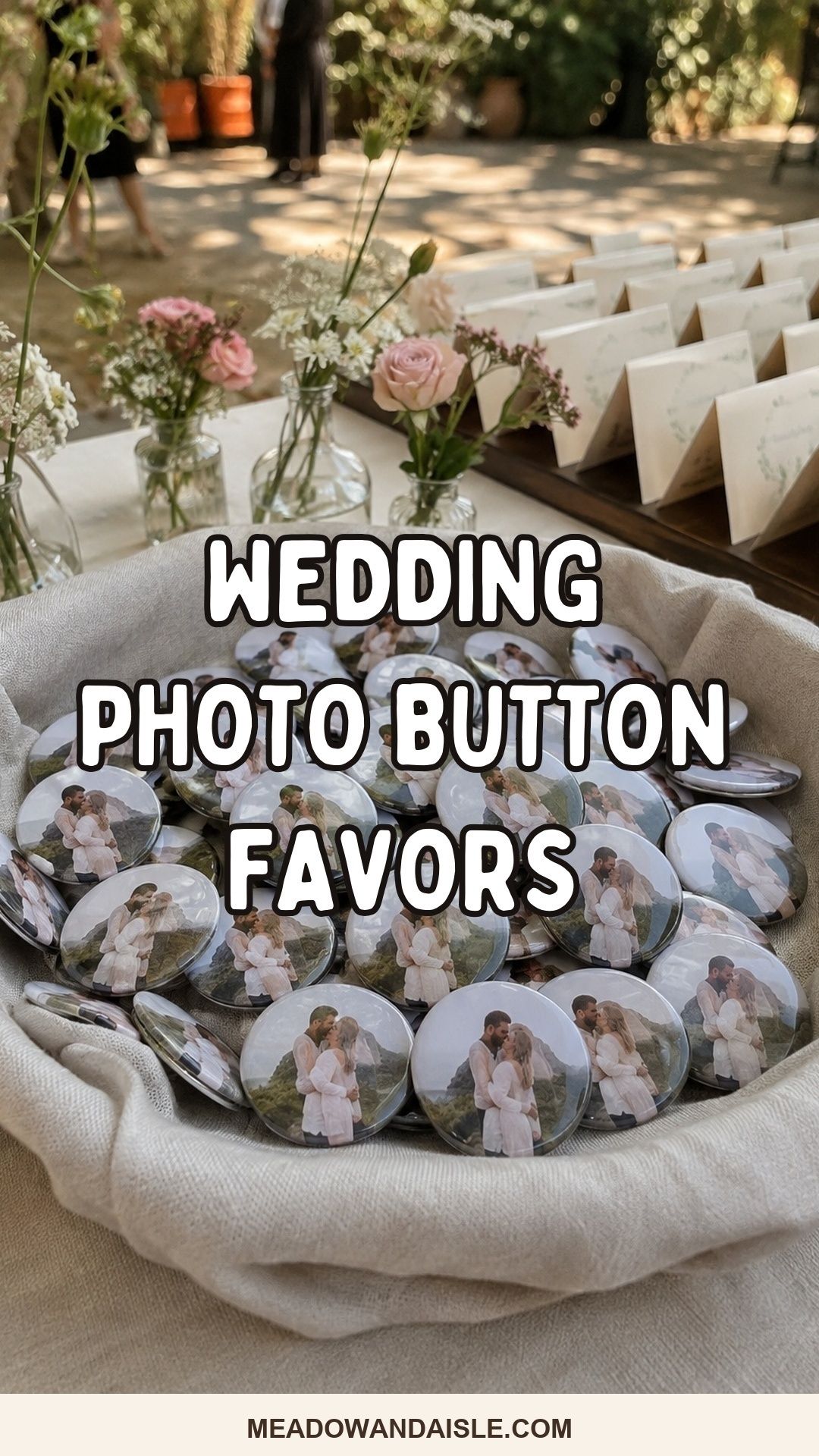 Wedding photo button favor ideas with full-bleed photo background and Meadow & Aisle title overlay
