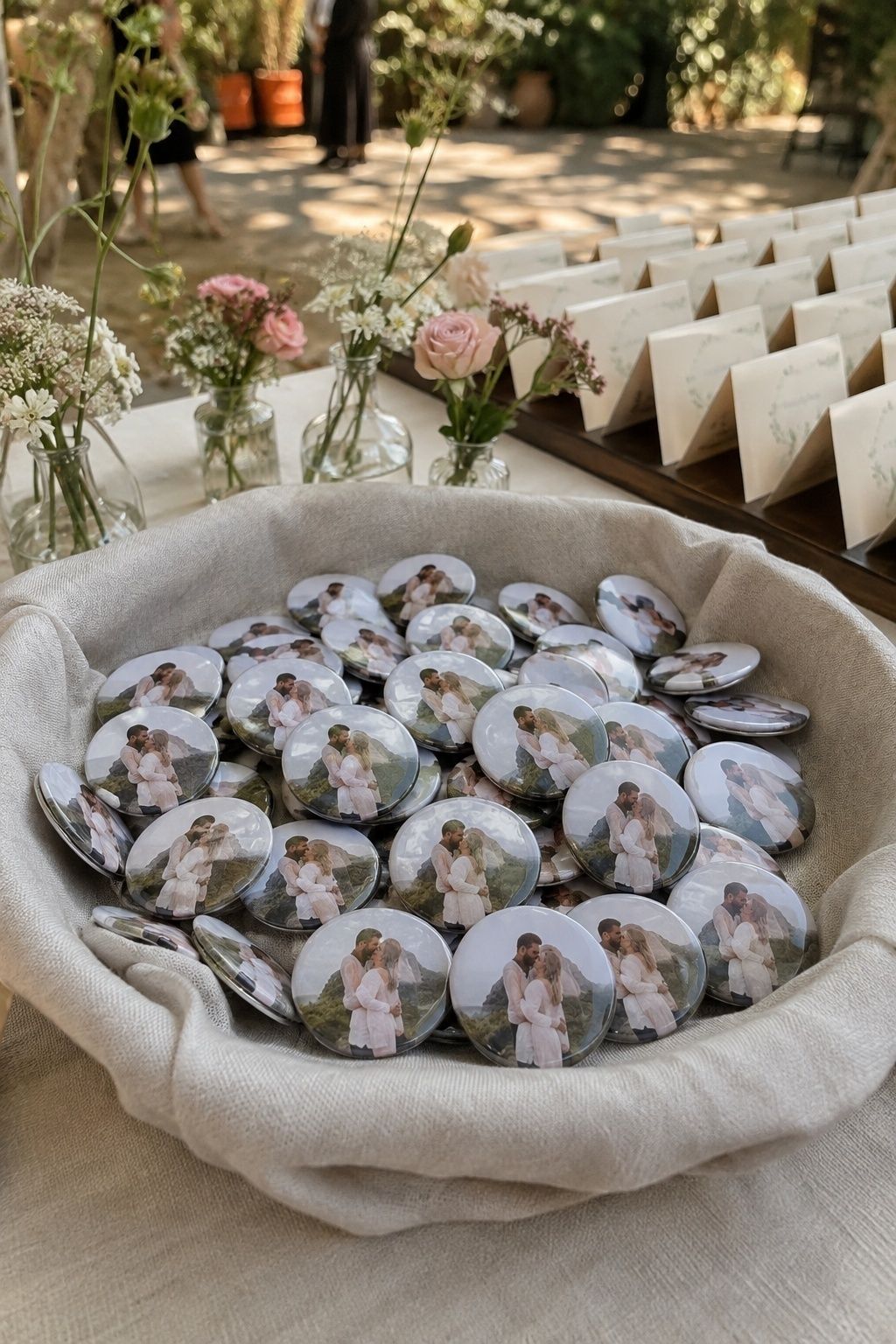 Photo buttons of the couple as wedding favors
