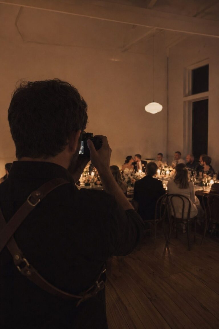Wedding photographer documenting an intimate candlelit dinner to demonstrate difficult full-gallery conditions