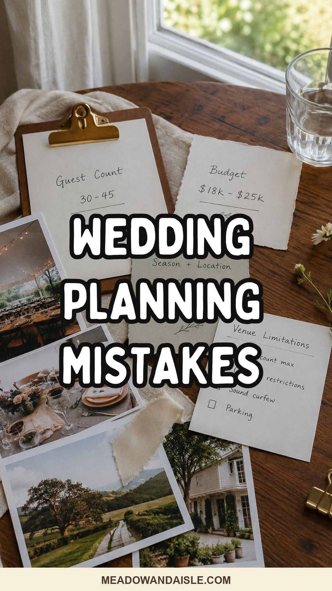 Wedding planning mistakes Pinterest pin for Meadow & Aisle
