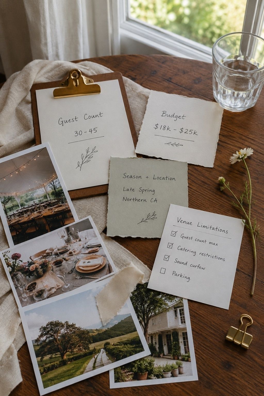 Wedding inspiration gathered before setting constraints