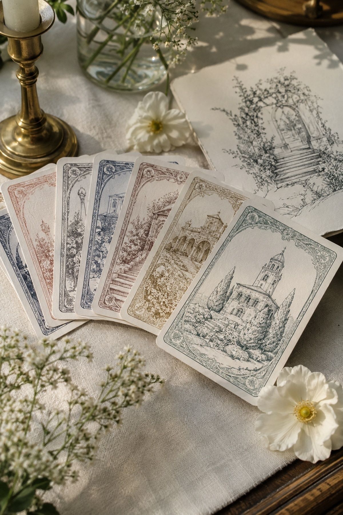 Playing cards with venue illustrations on the backs