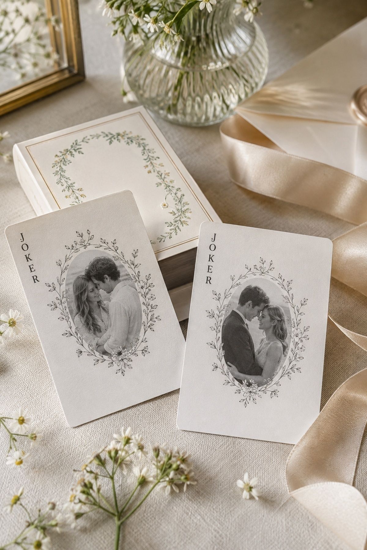 Joker cards printed with a photo of the couple