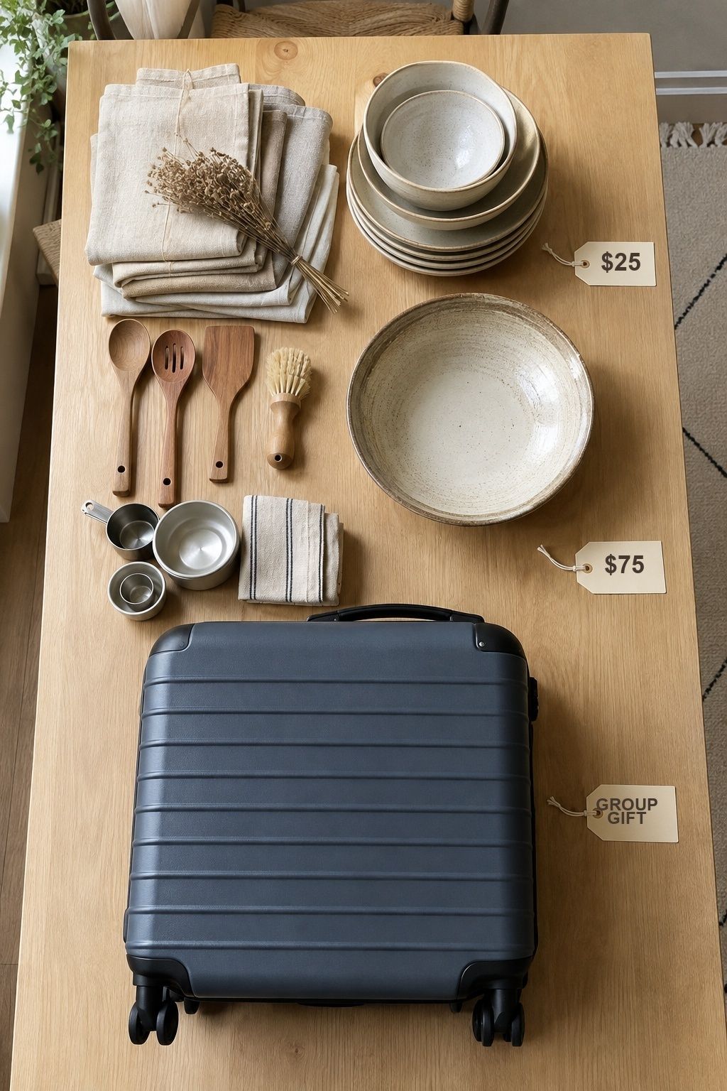 Wedding registry gift options arranged at 25 dollars, 75 dollars, and a group-gift level